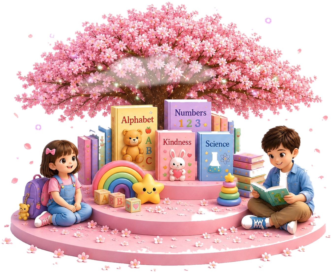 Soft pastel Startwise illustration with books, rainbow, stars, and learning materials
